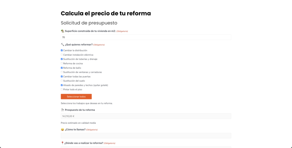 Calculadora de presupuesto, según los servicios y metros cuadrados de la vivienda