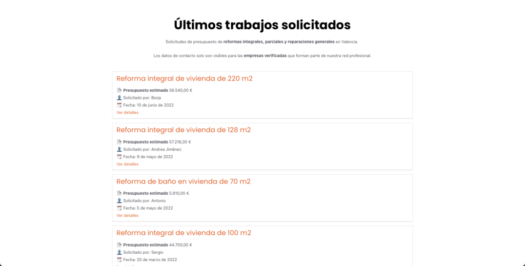 Solicitudes de presupuesto de reforma